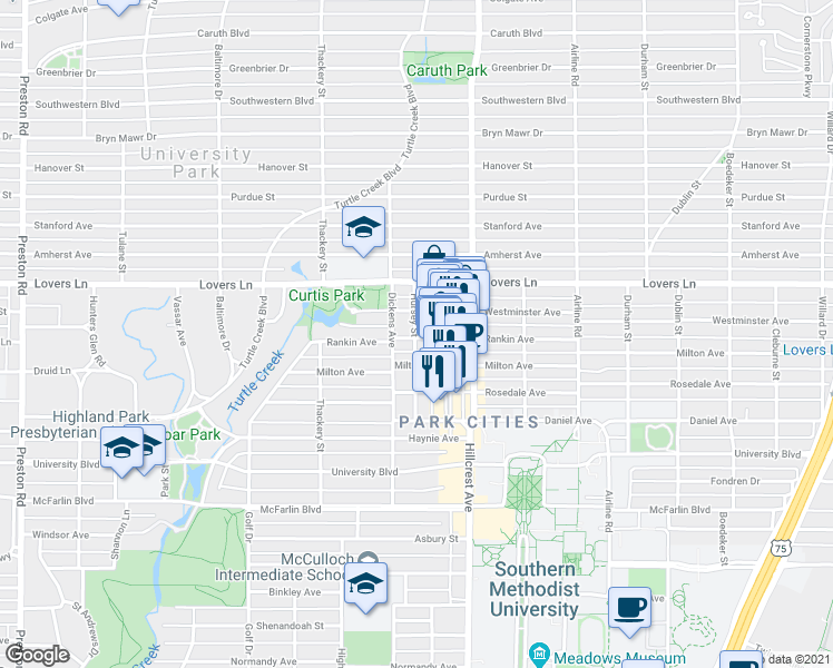 map of restaurants, bars, coffee shops, grocery stores, and more near 3429 Westminster Avenue in Dallas