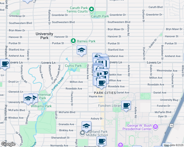 map of restaurants, bars, coffee shops, grocery stores, and more near 3429 Westminster Avenue in Dallas