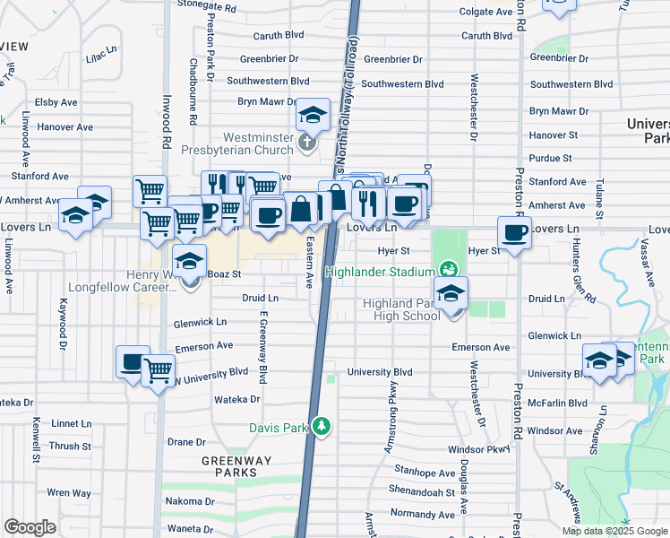 map of restaurants, bars, coffee shops, grocery stores, and more near 6919 Lomo Alto Drive in Dallas
