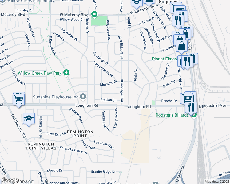 map of restaurants, bars, coffee shops, grocery stores, and more near 512 Saddle Ridge Lane in Fort Worth