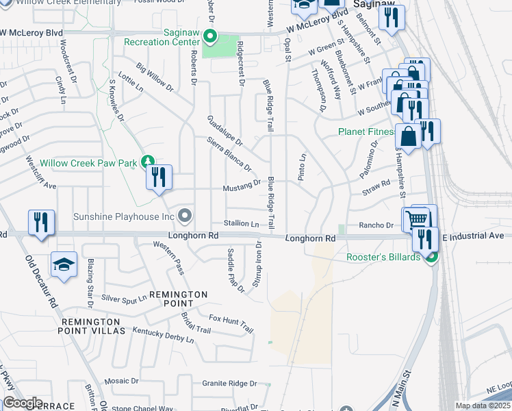 map of restaurants, bars, coffee shops, grocery stores, and more near 512 Saddle Ridge Lane in Saginaw
