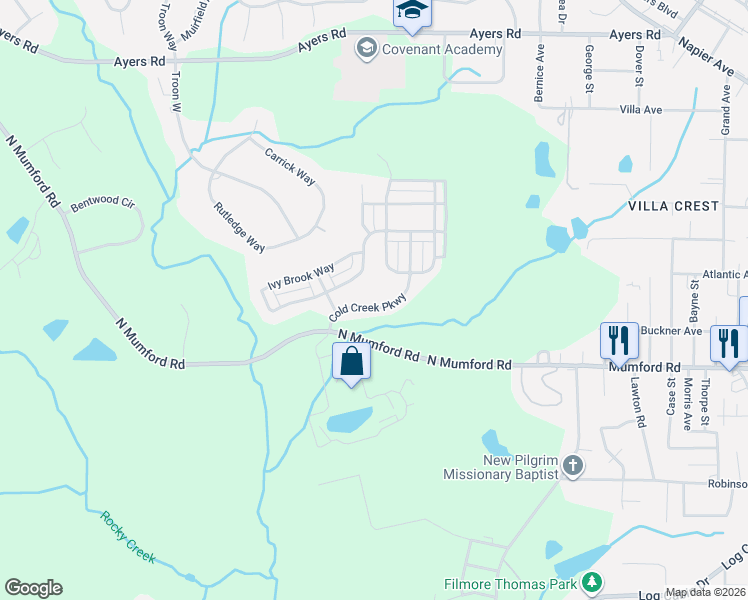 map of restaurants, bars, coffee shops, grocery stores, and more near 357 Hawthorn Trail in Macon