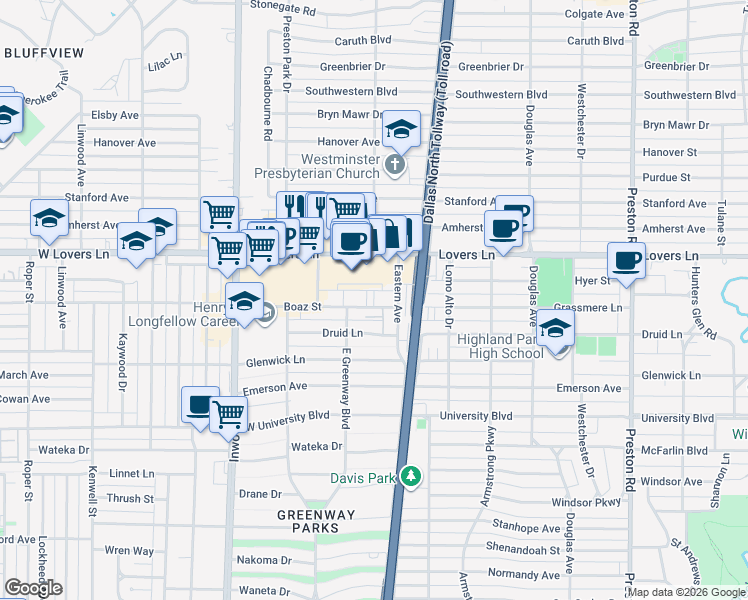 map of restaurants, bars, coffee shops, grocery stores, and more near 7700 Greenway Boulevard in Dallas