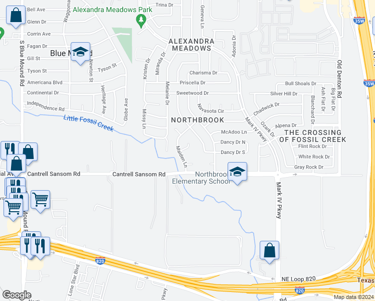 map of restaurants, bars, coffee shops, grocery stores, and more near 2308 Tallowood Court in Fort Worth