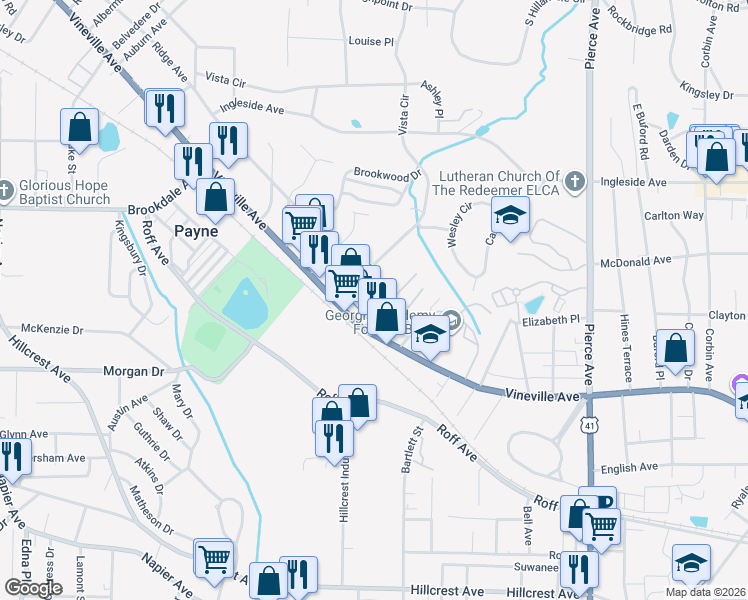 map of restaurants, bars, coffee shops, grocery stores, and more near 3016 Ridge Avenue in Macon