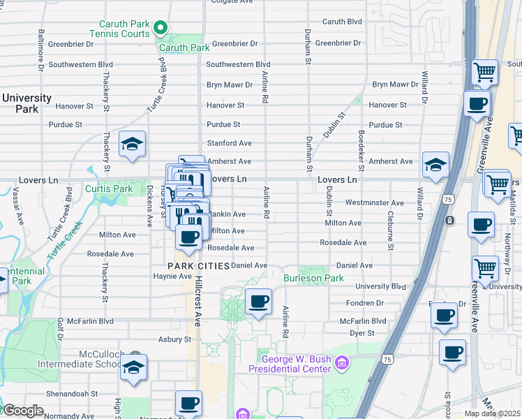 map of restaurants, bars, coffee shops, grocery stores, and more near 3201 Westminster Avenue in Dallas
