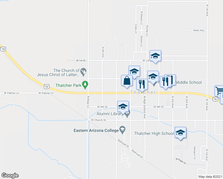 map of restaurants, bars, coffee shops, grocery stores, and more near 3806 West Main Street in Thatcher