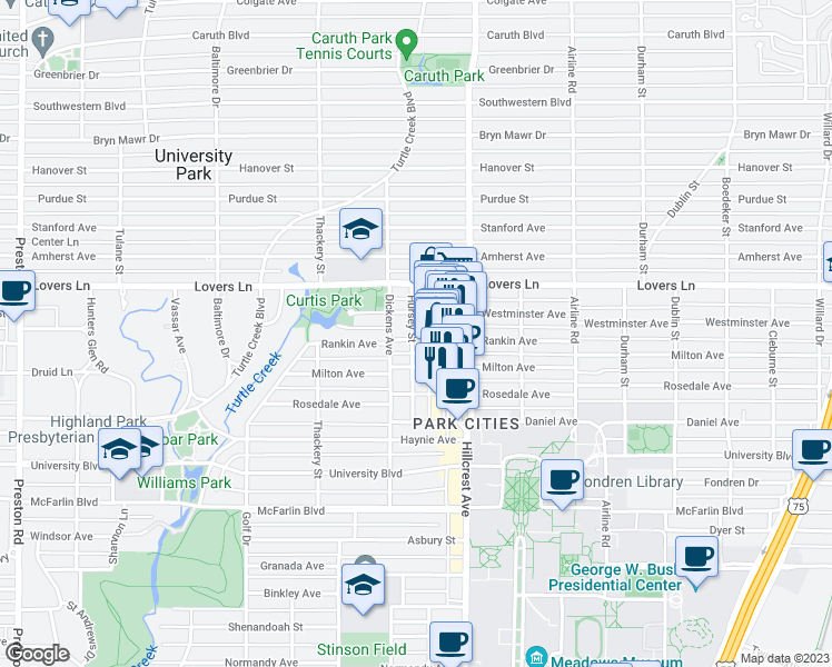 map of restaurants, bars, coffee shops, grocery stores, and more near 3430 Rankin Street in Dallas