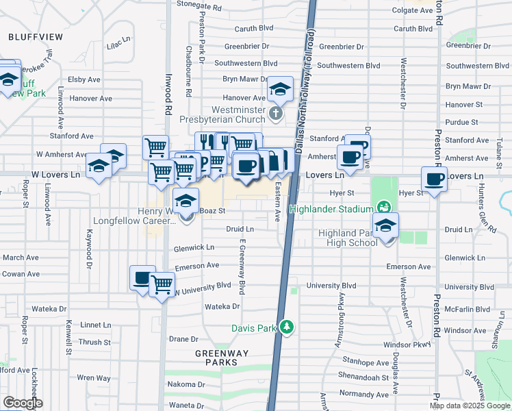 map of restaurants, bars, coffee shops, grocery stores, and more near 5600 West Lovers Lane in Dallas