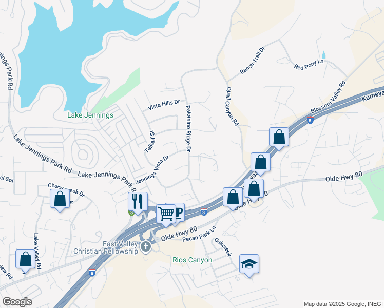 map of restaurants, bars, coffee shops, grocery stores, and more near 9272 Palomino Ridge Drive in Lakeside