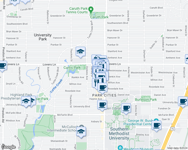 map of restaurants, bars, coffee shops, grocery stores, and more near 3424 Rankin Street in Dallas