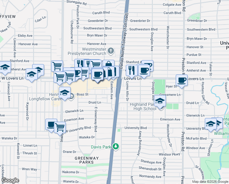 map of restaurants, bars, coffee shops, grocery stores, and more near 7790 Eastern Avenue in Dallas
