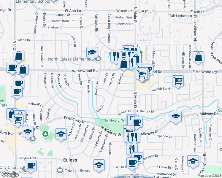map of restaurants, bars, coffee shops, grocery stores, and more near 1010 Harris Drive in Euless