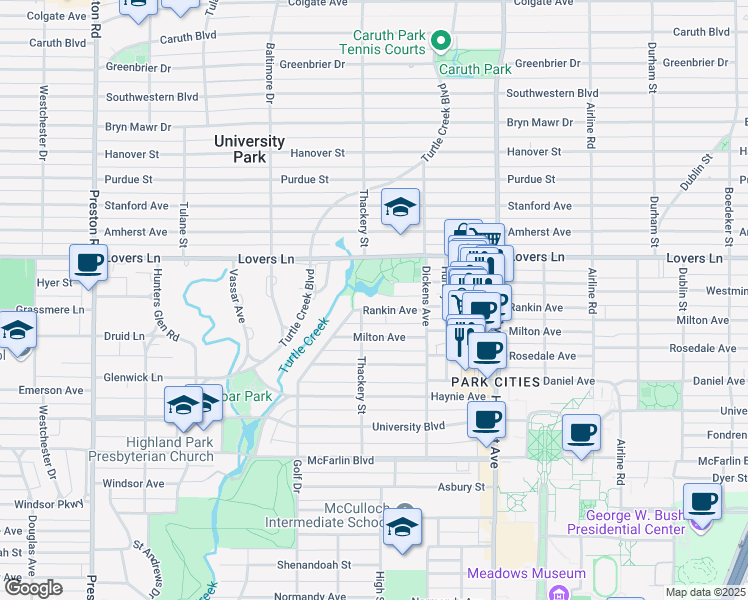 map of restaurants, bars, coffee shops, grocery stores, and more near 3544 Rankin Avenue in Dallas
