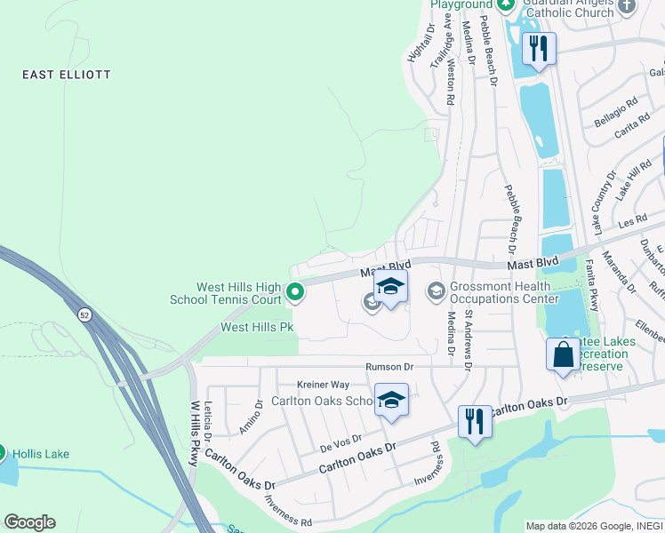 map of restaurants, bars, coffee shops, grocery stores, and more near 8615 Chaparral Way in Santee