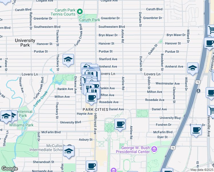 map of restaurants, bars, coffee shops, grocery stores, and more near 3321 Westminster Avenue in Dallas