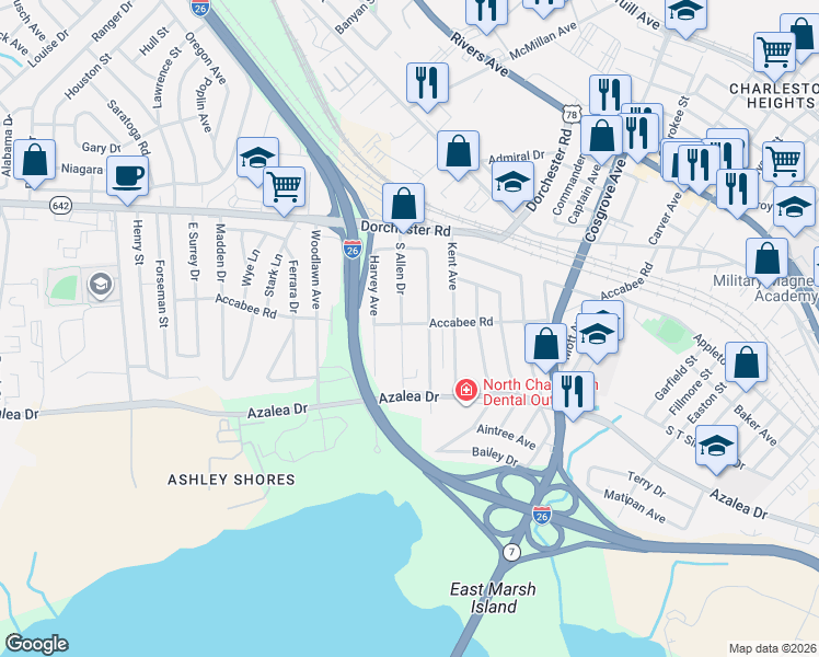 map of restaurants, bars, coffee shops, grocery stores, and more near 2632 South Allen Drive in North Charleston