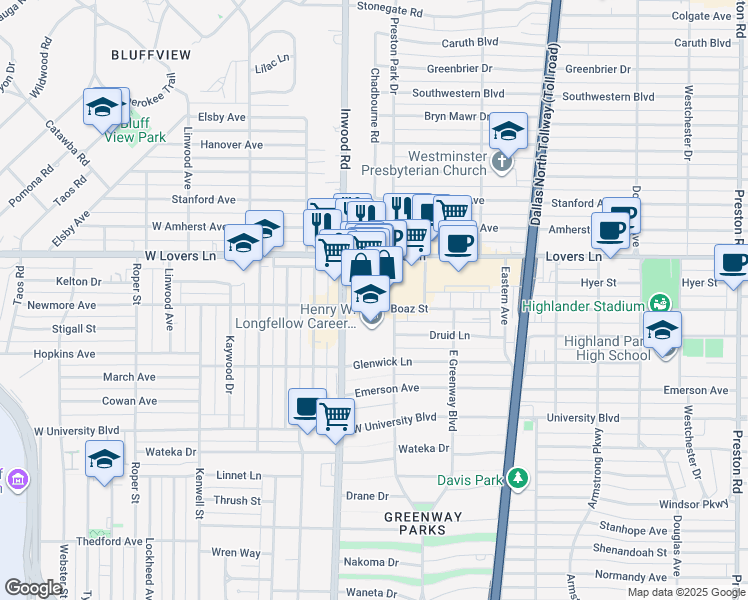 map of restaurants, bars, coffee shops, grocery stores, and more near 165 Inwood Village in Dallas