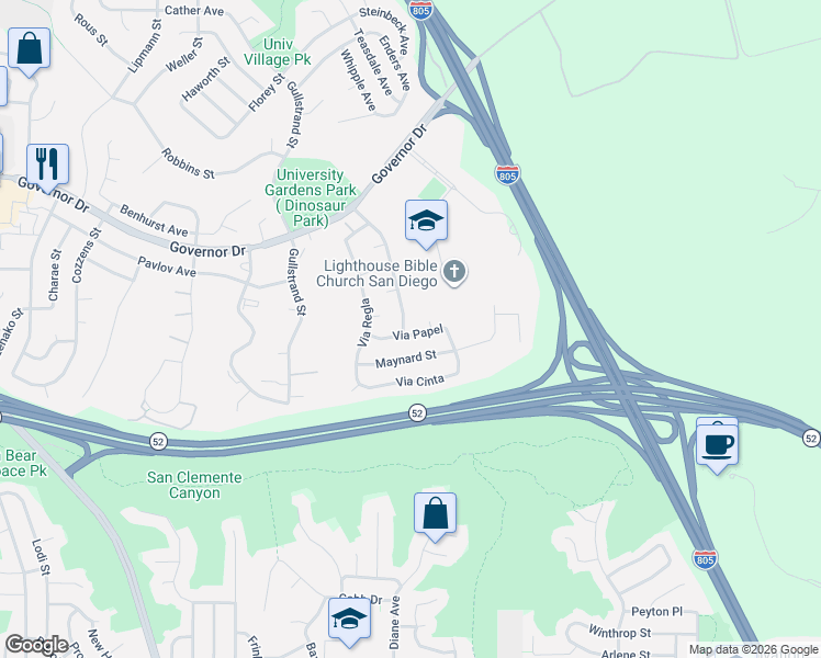 map of restaurants, bars, coffee shops, grocery stores, and more near 5014 Via Papel in San Diego