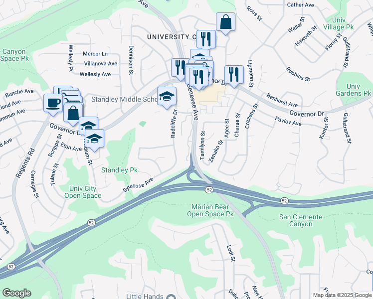 map of restaurants, bars, coffee shops, grocery stores, and more near 6167 Caminito Baeza in San Diego
