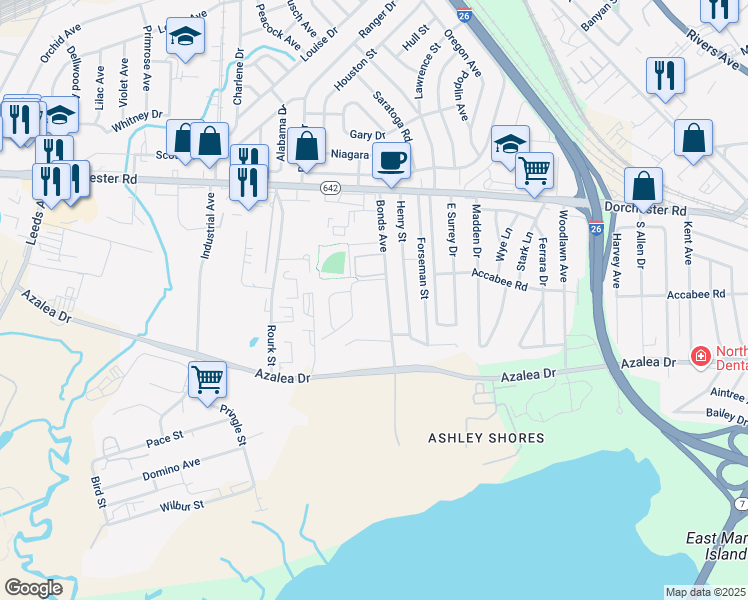 map of restaurants, bars, coffee shops, grocery stores, and more near 2701 Bonds Avenue in North Charleston