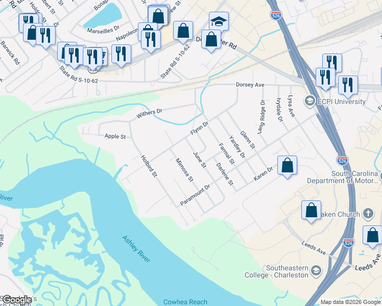 map of restaurants, bars, coffee shops, grocery stores, and more near 4768 June Street in North Charleston