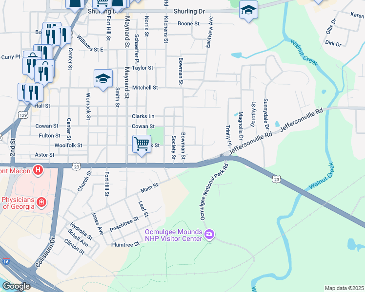 map of restaurants, bars, coffee shops, grocery stores, and more near 719 Bowman Street in Macon