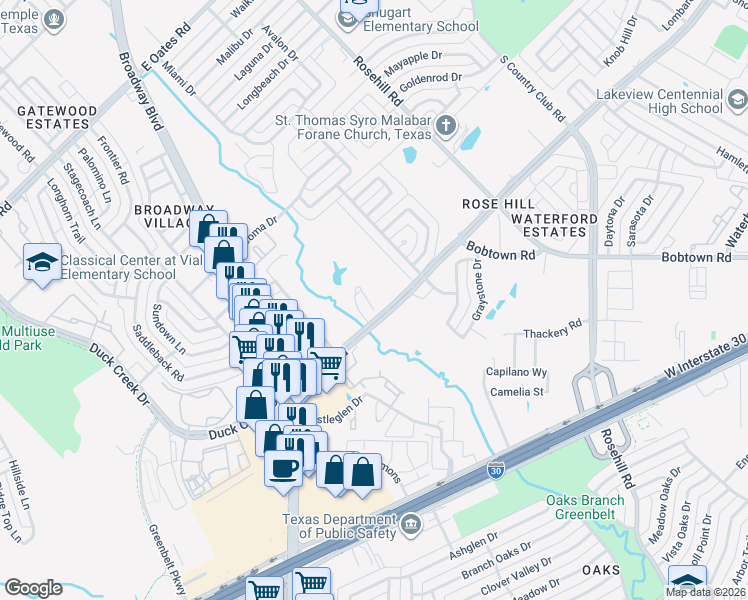 map of restaurants, bars, coffee shops, grocery stores, and more near 615 Rowlett Road in Garland
