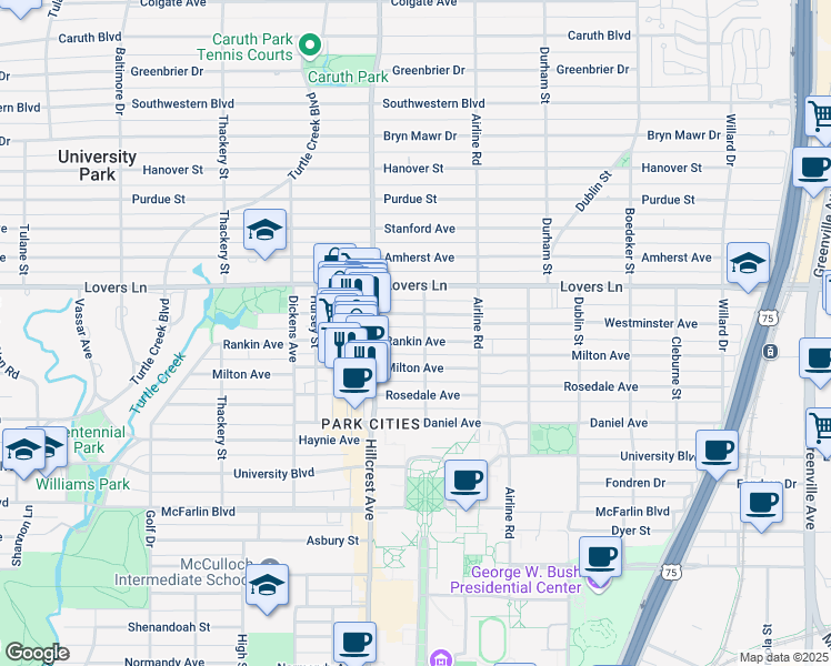 map of restaurants, bars, coffee shops, grocery stores, and more near 3321 Westminster Avenue in Dallas