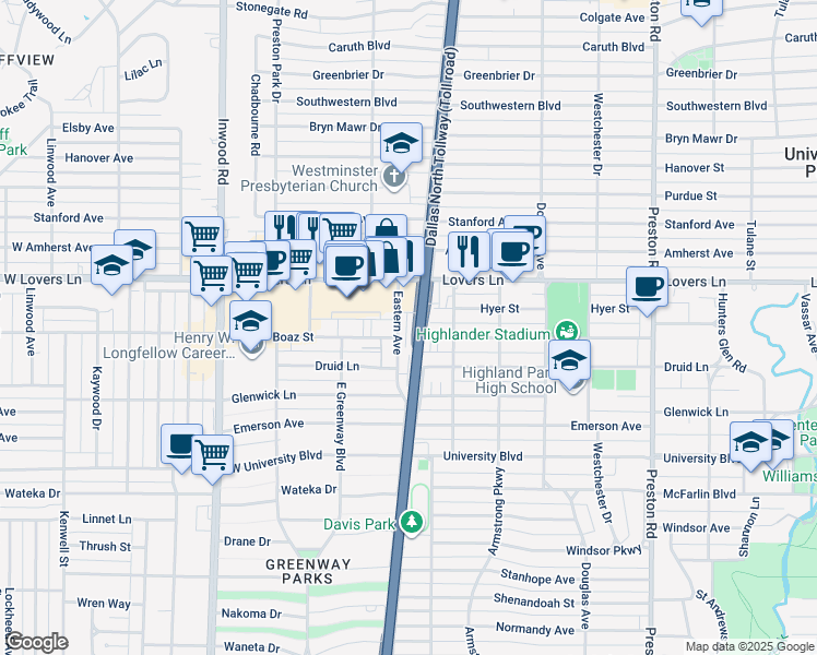 map of restaurants, bars, coffee shops, grocery stores, and more near 7790 Eastern Avenue in Dallas