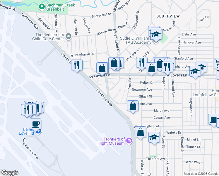 map of restaurants, bars, coffee shops, grocery stores, and more near 4230 Aero Drive in Dallas