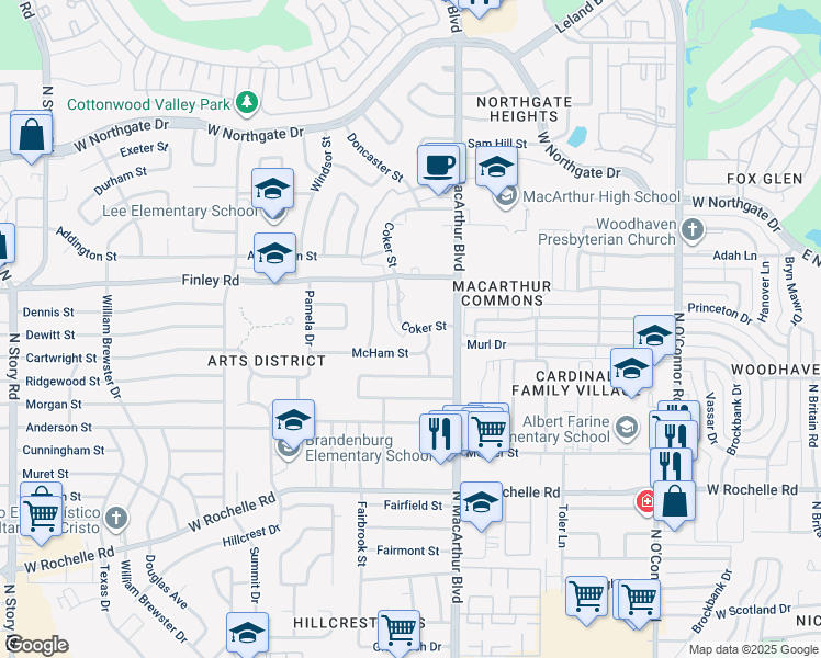 map of restaurants, bars, coffee shops, grocery stores, and more near 3305 Coker Street in Irving