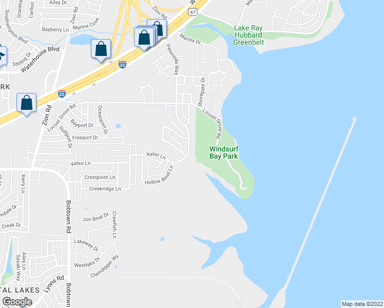 map of restaurants, bars, coffee shops, grocery stores, and more near 5422 Peninsula Way in Garland