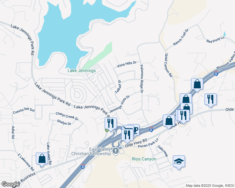 map of restaurants, bars, coffee shops, grocery stores, and more near 9335 Telkaif Street in Lakeside