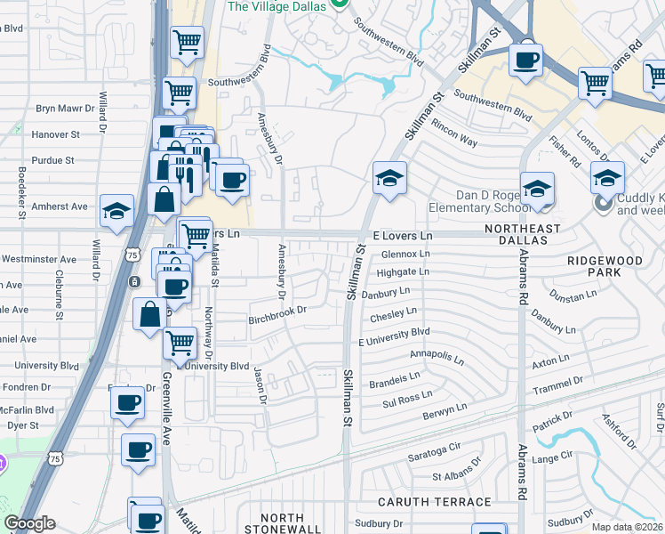 map of restaurants, bars, coffee shops, grocery stores, and more near 6073 Milton Street in Dallas