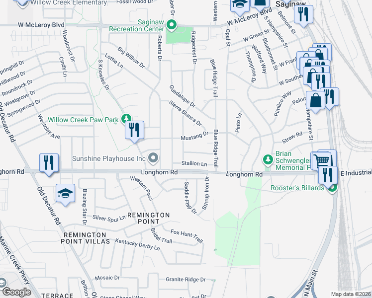 map of restaurants, bars, coffee shops, grocery stores, and more near 537 Mustang Drive in Saginaw