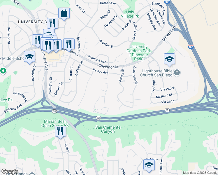 map of restaurants, bars, coffee shops, grocery stores, and more near 5977 Erlanger Street in San Diego