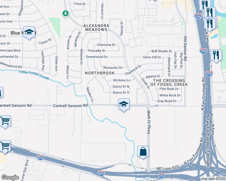 map of restaurants, bars, coffee shops, grocery stores, and more near 2408 Dancy Drive North in Fort Worth