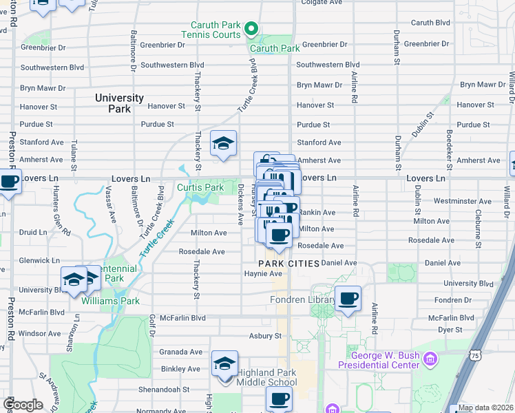map of restaurants, bars, coffee shops, grocery stores, and more near 3428 Rankin Street in Dallas
