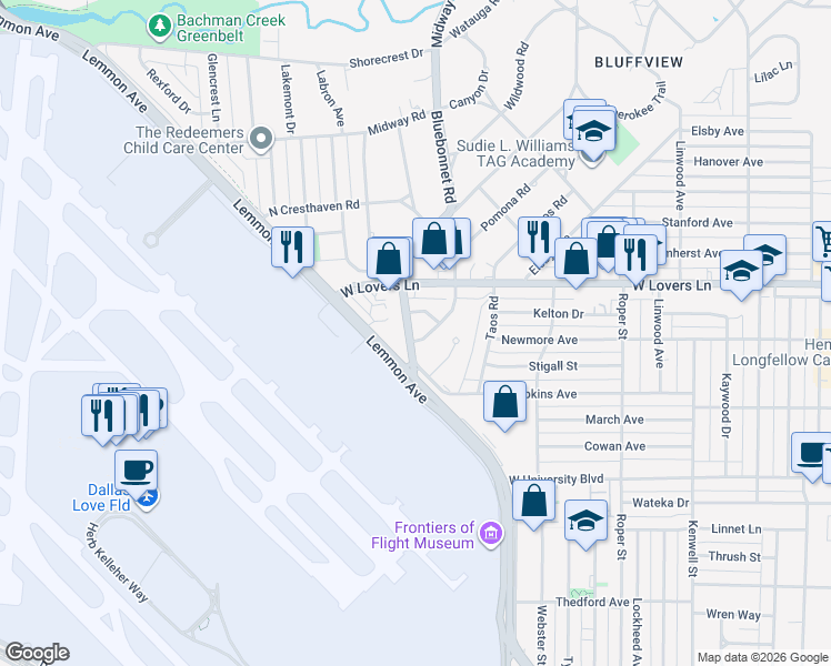 map of restaurants, bars, coffee shops, grocery stores, and more near 4230 Aero Drive in Dallas