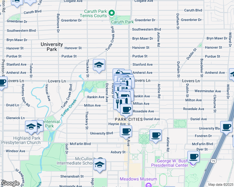 map of restaurants, bars, coffee shops, grocery stores, and more near 3420 Rankin Street in Dallas