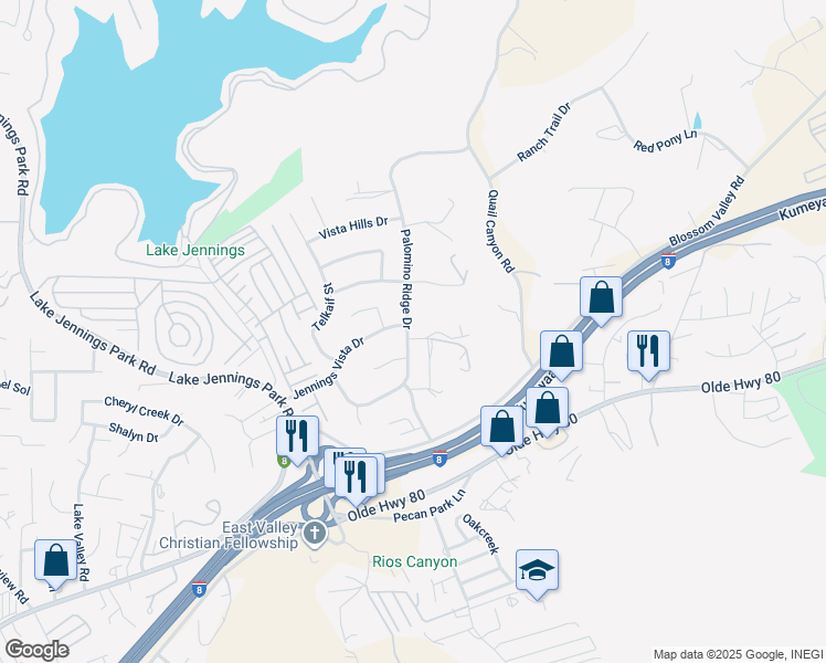 map of restaurants, bars, coffee shops, grocery stores, and more near 9311 Palomino Ridge Drive in Lakeside