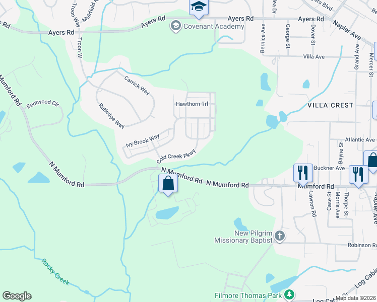 map of restaurants, bars, coffee shops, grocery stores, and more near 357 Hawthorn Trail in Macon