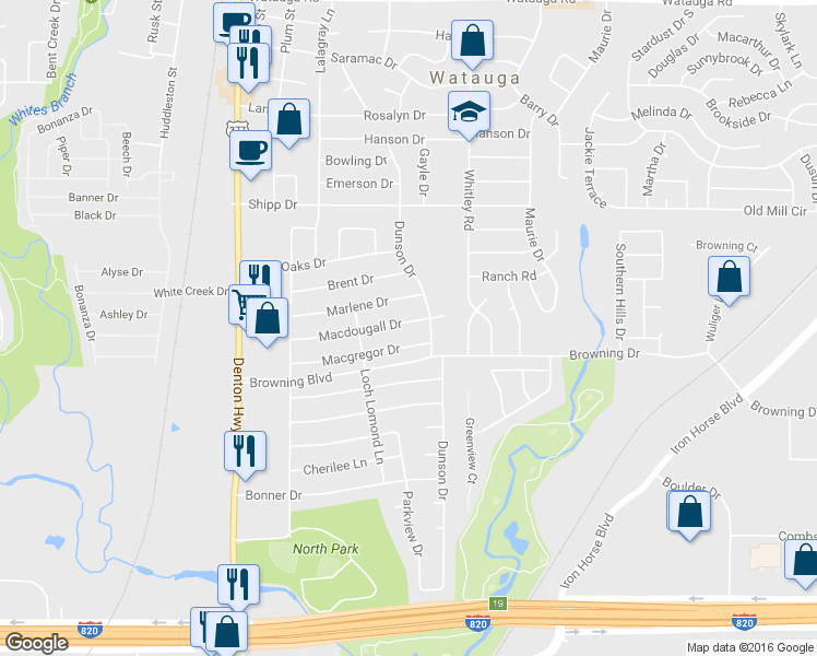map of restaurants, bars, coffee shops, grocery stores, and more near 5732 Macdougall Drive in Haltom City