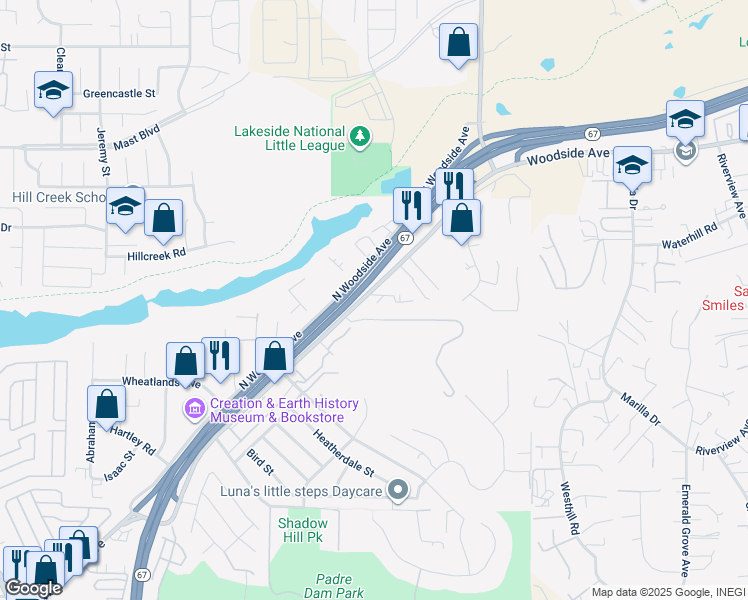 map of restaurants, bars, coffee shops, grocery stores, and more near 11421 Woodside Avenue in Santee