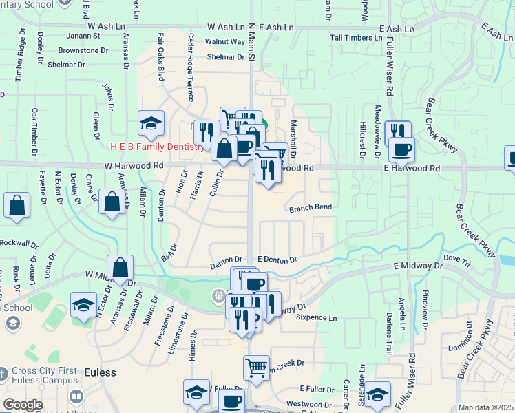 map of restaurants, bars, coffee shops, grocery stores, and more near 904 North Main Street in Euless