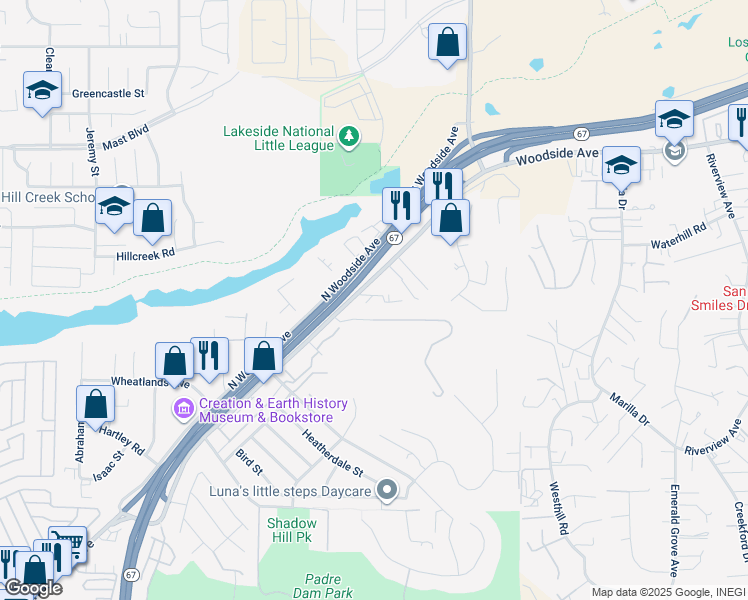 map of restaurants, bars, coffee shops, grocery stores, and more near 11421 Woodside Avenue in Santee