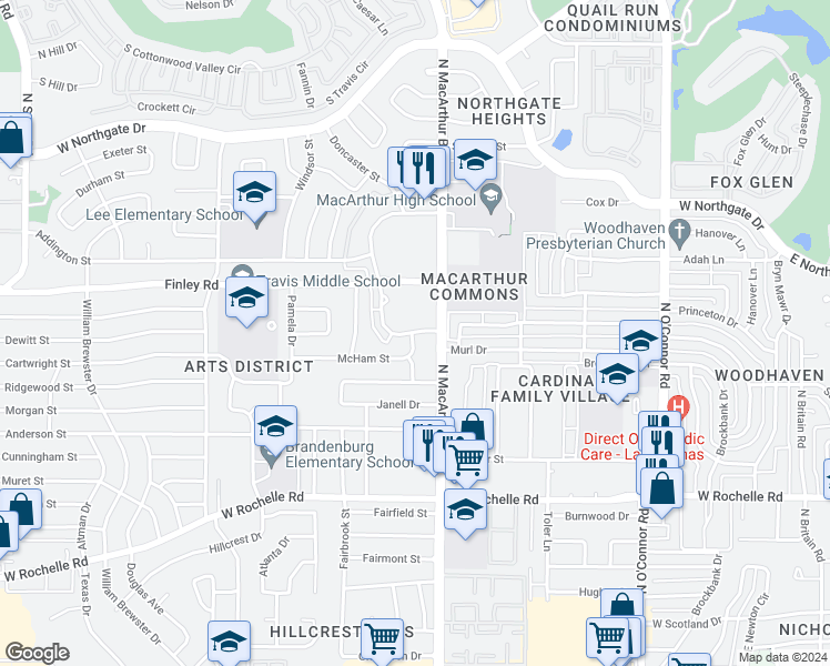 map of restaurants, bars, coffee shops, grocery stores, and more near 3321 Coker in Irving