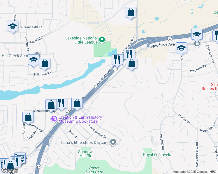 map of restaurants, bars, coffee shops, grocery stores, and more near 11421 Woodside Avenue in Santee