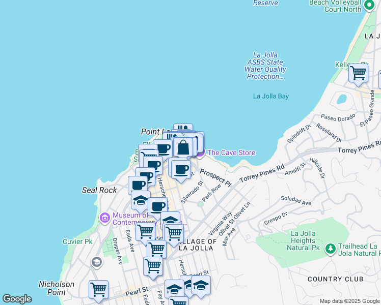 map of restaurants, bars, coffee shops, grocery stores, and more near 1235 Coast Boulevard in San Diego
